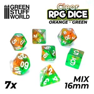 7x Dados Mix 16mm - Naranja/Verde Transparente