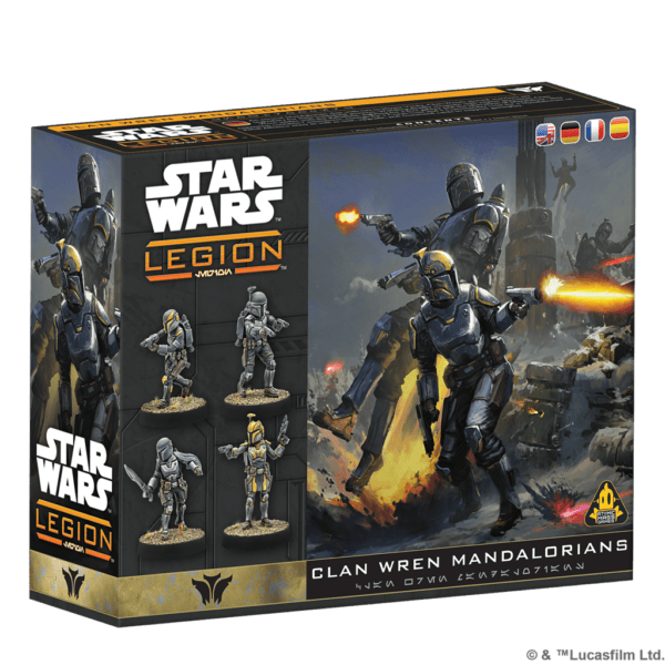 MANDALORIANOS DEL CLAN WREN El clan Wren es un antiguo linaje mandaloriano vinculado a la casa Vizsla, formado por curtidos guerreros célebres por su legendaria destreza en combate y equipados con mortíferas armas que manejan con precisión. Ahora se han unido a la Rebelión en su lucha por una galaxia libre y la independencia de Mandalore. Esta expansión contiene 7 miniaturas con las que puede formarse 1 unidad de Fuerzas especiales y 1 unidad de Comandante para un ejército de Mandalorianos o de la Alianza Rebelde, así como las cartas de Unidad, Mando y Mejora necesarias para utilizarlas en tus partidas. Contenido 7 miniaturas de plástico, 8 cartas, 1 hoja de información, 1 lámina de fichas