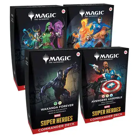Los mazos de Commander están listos para jugar nada más abrirlos y tienen todo lo que necesitas para jugar al formato para varios jugadores más popular de Magic. La edición de coleccionista de Magic: The Gathering | Marvel Super Heroes cuenta con cuatro mazos de Commander distintos, cada uno con 100 cartas surge foil. ¡El universo de Marvel llega en todo su esplendor! Un grandísimo equipo de pesos pesados da el salto de los cómics al campo de batalla y el destino del mundo está en juego. Crea tu superequipo de ensueño de Héroes y Villanos, equípalos con artefactos emblemáticos y desata sus devastadoras habilidades. Vuela, ataca y aplasta para lograr la victoria en Magic: The Gathering | Marvel Super Heroes. © 2026 MARVEL | ™ & © 2026 Wizards of the Coast LLC Contenido: 1 mazo listo para jugar con 100 cartas de Magic Incluye 100 cartas surge foil 30 cartas nuevas en Magic 10 cartas de ficha de dos caras Caja guardamazo Hoja de estrategia Tarjeta de referencia